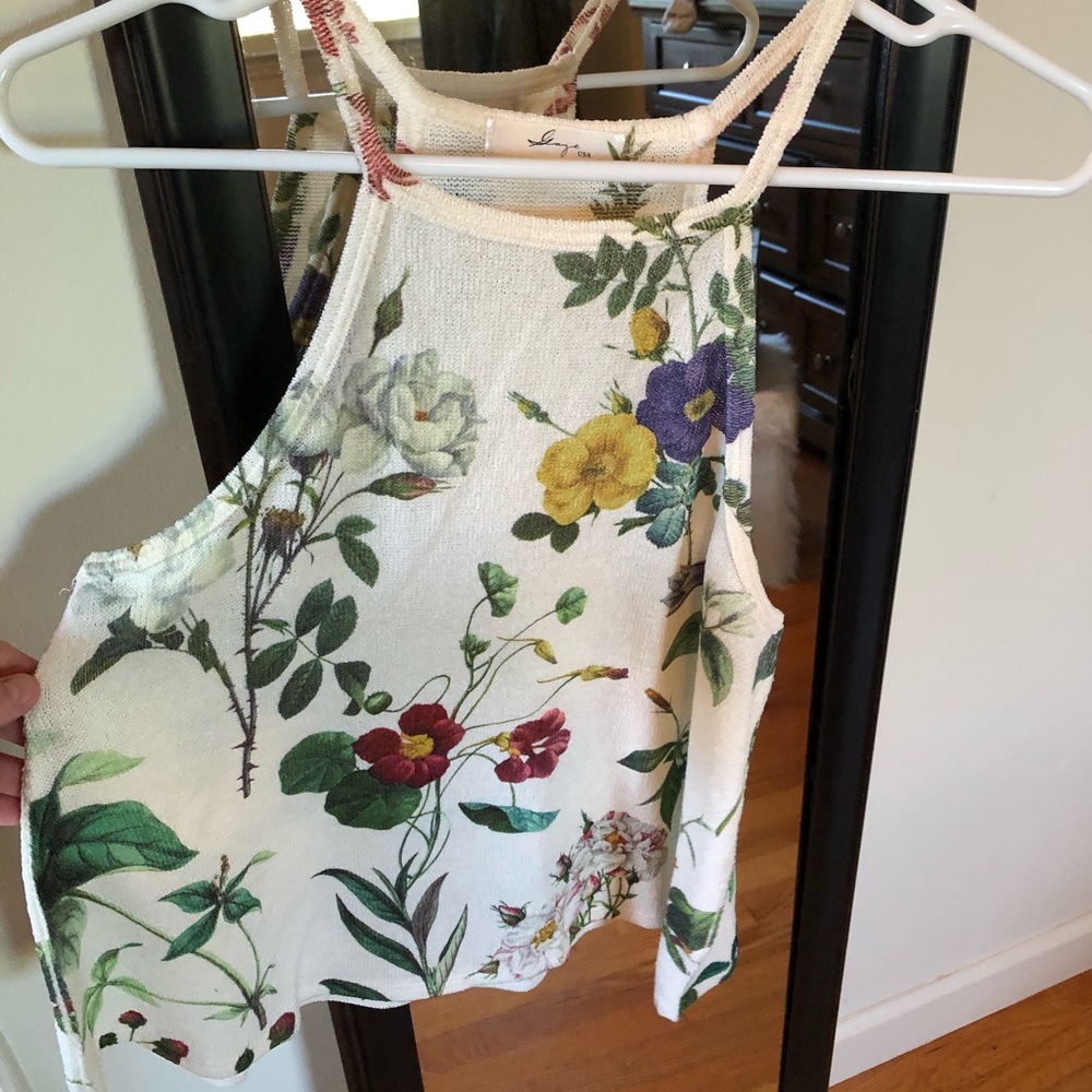 GAZE Floral Cream Tank Top high neck sz M Flowers spaghetti straps